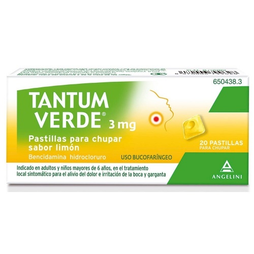 TANTUM VERDE 3 mg PASTILLAS PARA CHUPAR SABOR LIMON, 20 pastillas (PE/Papel/Al)